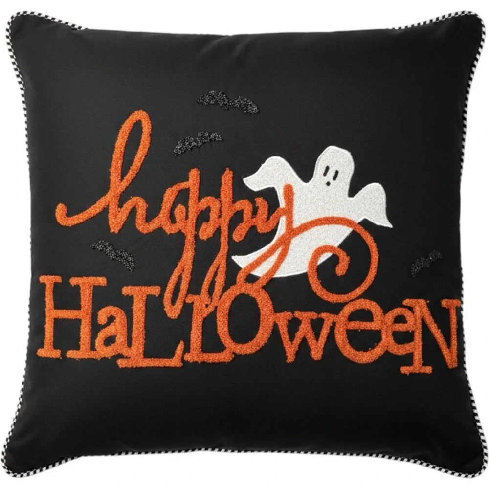 MacKenzie-Childs Happy Halloween Embroidered Ghost Bat Pillow 20x20 75741-1203